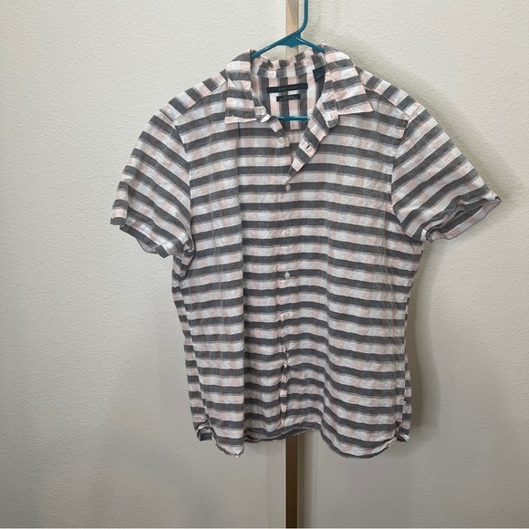 Perry Ellis short sleeve button down Linen Blend Grey White Pink Plaid Large - Picture 1 of 7